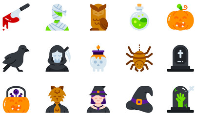 Set of Vector Icons Related to Halloween. Contains such Icons as Knife, Mummy, Owl, Pumpkin, Reaper, Witch and more.