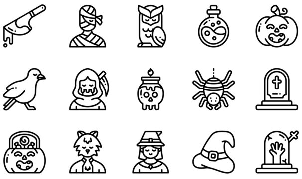 Set of Vector Icons Related to Halloween. Contains such Icons as Knife, Mummy, Owl, Pumpkin, Reaper, Witch and more.