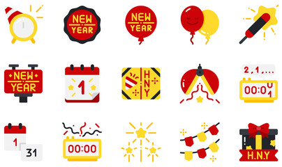 Set of Vector Icons Related to New Year. Contains such Icons as Badge, Balloon, Calendar, Card, Countdown, Fireworks and more.