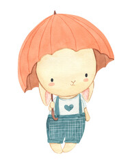 Watercolor bunny under umbrella, illustration for kids