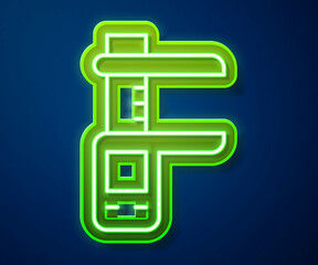Obraz premium Glowing neon line Calliper or caliper and scale icon isolated on blue background. Precision measuring tools. Vector