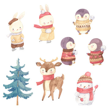 Watercolor bunny, penguin, deer illustration for kids