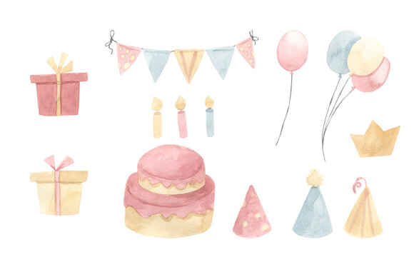 Watercolor happy birthday elements illustration for kids