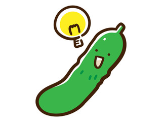 ひらめき電球マークなかわいいキュウリのキャラクターの手書き風イラスト