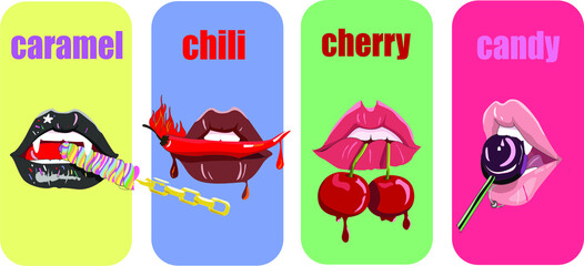 Sexy, flirting and 
tempting pink lips, lollipop. Icon set with red lips, vampire woman emotion and pout. Cherry, candy, chili, and caramel in the mouth. Accessory piercing. Bloody drop and chain.