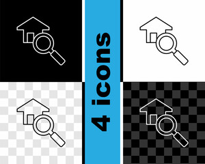 Set line Search house icon isolated on black and white, transparent background. Real estate symbol of a house under magnifying glass. Vector