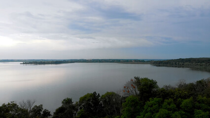 Breathtaking aerial view of a large beautiful lake in the morning. Ukraine