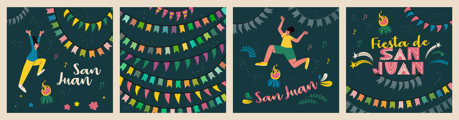 Set of designs for postcards or posters for the celebration of Saint Juan. Text in Spanish Fiesta de San Juan (Feast of Saint John). People are jumping over bonfire, fireworks and decorative flags