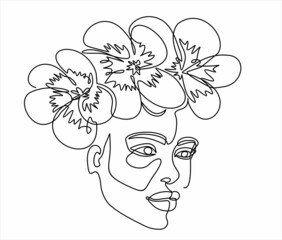 Woman face continuous one line vector drawing. Style templates with abstract female face and flowers. Modern minimalist simple linear style. Beauty fashion design