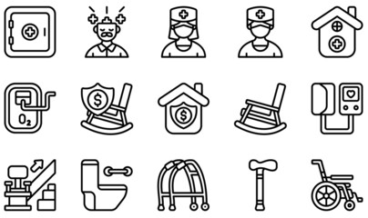 Fototapeta premium Set of Vector Icons Related to Nursing Home. Contains such Icons as Mental Health, Nurse, Nursing Home, Retirement, Rocking Chair, Stair and more.