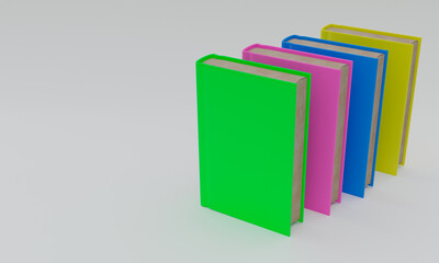 3d illustration, several books, placed vertically, light background, copy space 3d rendering