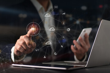 To efficiently handle files, a guy uses a mobile phone's virtual Global Internet connection metaverse, a Document Management System, an online documentation database, and process automation.