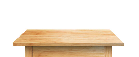 Wooden table isolated on white background, for use product display, ornament, or decoration concept. Empty wood desktop top view.