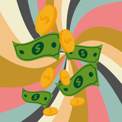 Saving, retirement wealth retro abstract background. Dollars, cash, gold coins, bag, isolated graphic. Background vector illustration.