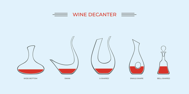 Wine accessories. Wine decanter types guide set, silhouettes flat vector illustration. Isolated. Alcohol consumption. Wine glassware. Drinking wine. Oxygenating wine. Correctly pouring wine. Sommelier
