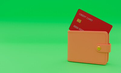 3d illustration, wallet and credit card, green background, copy space, 3d rendering