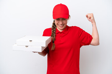 pizza delivery woman with work uniform picking up pizza boxes isolated on white background doing...