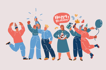Vector illustration of Young group of friends celebrating birthday. Cake, ballon, cracker, hats and champgine. People at party. Men and women