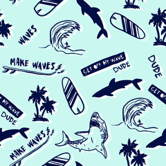 Seamless pattern with shark, palm, surfboard. Background for wrapping paper, swimwear, socks, clothes, stationery, web and other designs.