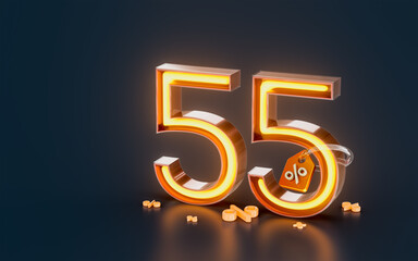 55 percent discount sale banner with tag neon glowing light on dark background 3d render concept