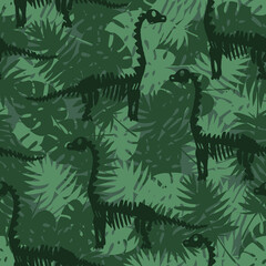 Seamless pattern with abstract brontosaurus with tropical leaves . Background with dino for textile, fabric, kids, boy, wrapping paper, Web, clothes, socks and other design. © Annity_Art