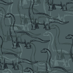 Seamless pattern with cartoon brontosaurus and leaves. Background with dino for textile, fabric, kids, boy, wrapping paper, Web, clothes, socks and other design. © Annity_Art
