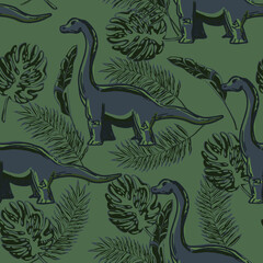 Seamless pattern with cartoon brontosaurus and leaves. Background with dino for textile, fabric, kids, boy, wrapping paper, Web, clothes, socks and other design.