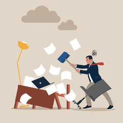 Frustrated businessman hitting to break computer with hammer. Frustration and chaos from computer problem or tech failure, stressful or anxiety from overworked or disappointment and mistake concept