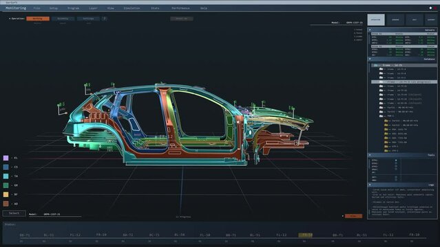 3D Graphics Visualization with Electric Car Frame Being Developed in CAD Software. Real Time Animation of a Futuristic Concept Vehicle. Mock-up VFX Template for Computer Displays.