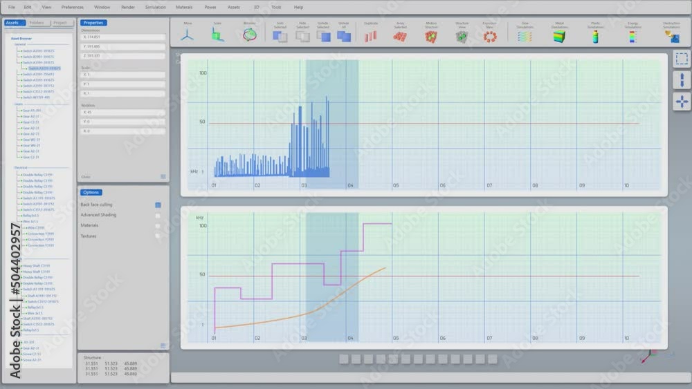 Aufkleber Technical Monitoring Diagram with Graphs and Analytical Industrial Infographics. Grey Interface with Blue, Purple and Orange Charts. Mock-up VFX Template for Computer Displays in a Control Room.