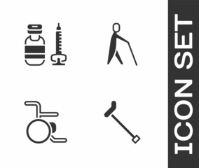 Set Walking stick cane, Syringe, Wheelchair and Blind human holding icon. Vector