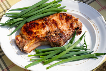 beef meat lies on a plate with green onions