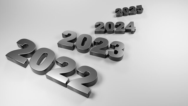 Black numerical dates of the year 2022, 2023, 2024, 2025, on a white background. Numbers decrease as the date increases. 3D render.