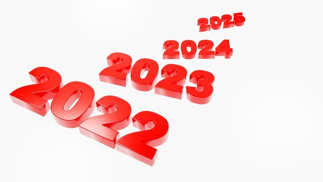 Red numerical dates of the year 2022, 2023, 2024, 2025, on a white background. Numbers decrease as the date increases. 3D render.