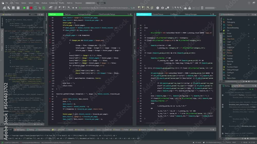 Fototapete Developer Software Code Mock-up with Generic Programming Language. Dark Interface with Multiple Windows. Night Mode Template for Computer Displays and Laptop Screens.