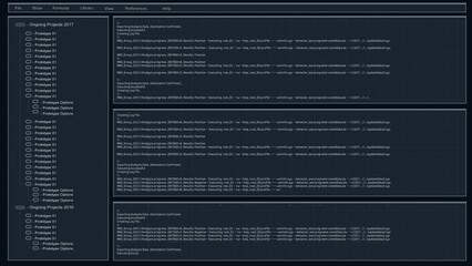 Software Backend Mock-up with Software Loading Screen Animation. Dark Project Monitoring Interface with Multiple Windows. Template for Computer Displays and Laptop Screens.