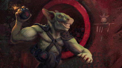 Digital 3D illustration of a goblin in an underground hideout throwing crafted bombs - fantasy painting