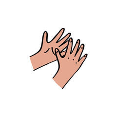 Kids hands reaching out to each other. Outline with color illustration in hand drawn style