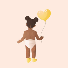 Back view of standing dark-skinned baby girl in diapers with a balloon. Flat vector illustration