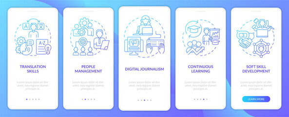 Desired skills for employment blue gradient onboarding mobile app screen. Walkthrough 5 steps graphic instructions pages with linear concepts. UI, UX, GUI template. Myriad Pro-Bold, Regular fonts used