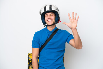 Young caucasian man with thermal backpack isolated on white background counting five with fingers