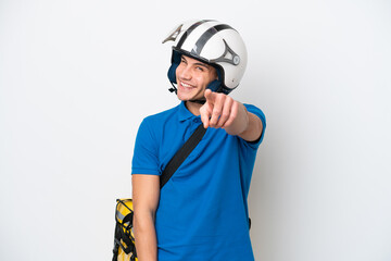 Young caucasian man with thermal backpack isolated on white background points finger at you with a confident expression