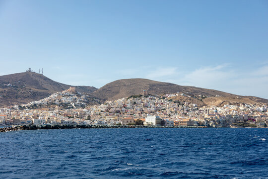 Ermoupoli Syros island Cyclades, Greece. Cityscape, waterfront building, view from the sea.
