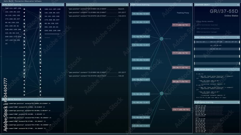 Fototapete Connection Observation Software Mock-up with Generic Programming Language and IP Addresses. Dark Monitoring Interface with Multiple Windows. Template for Computer Displays and Laptop Screens.