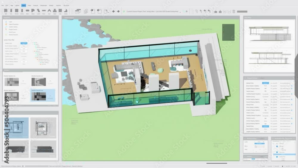 Aufkleber Architecture 3D Software Mock-up Animation with Private Country House Project with Interior Design. Grey Interface Template for Computer Displays and Laptop Screens.