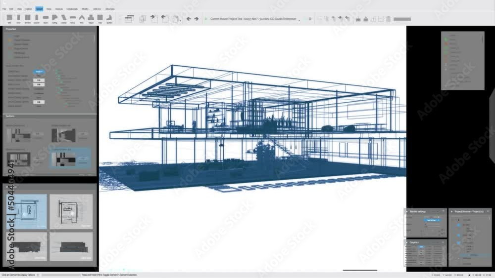 Poster Architecture 3D Software Mock-up Animation with Private Country House Project with Interior Design. Grey Overview Interface Template for Computer Displays and Laptop Screens.