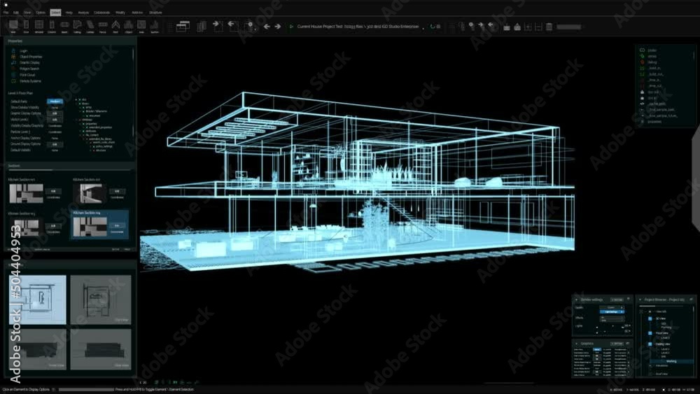 Leinwandbilder Architecture 3D Software Mock-up Animation with Private Country House Project with Interior Design. Dark Night Mode Interface Template for Computer Displays and Laptop Screens.