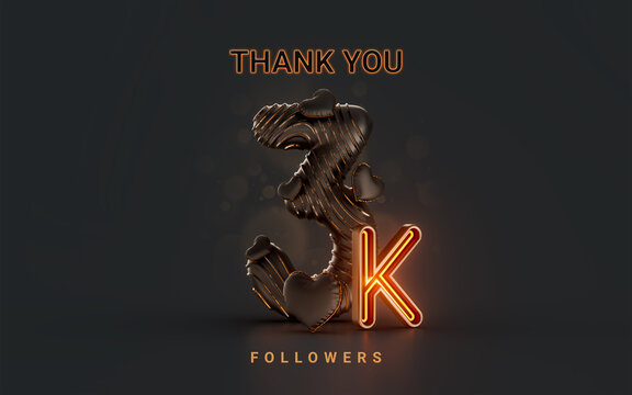 3k follower celebration banner on dark background with neon glow lighting 3d render concept