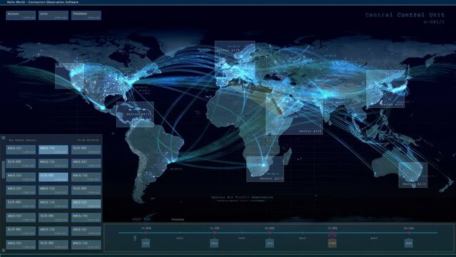 World Map with Global Air Travel Traffic Monitoring Mock-up. Dark Interface with Plane Destination Route Trackers. Airport Central Control Unit Template for Computer Displays and Laptop Screens.