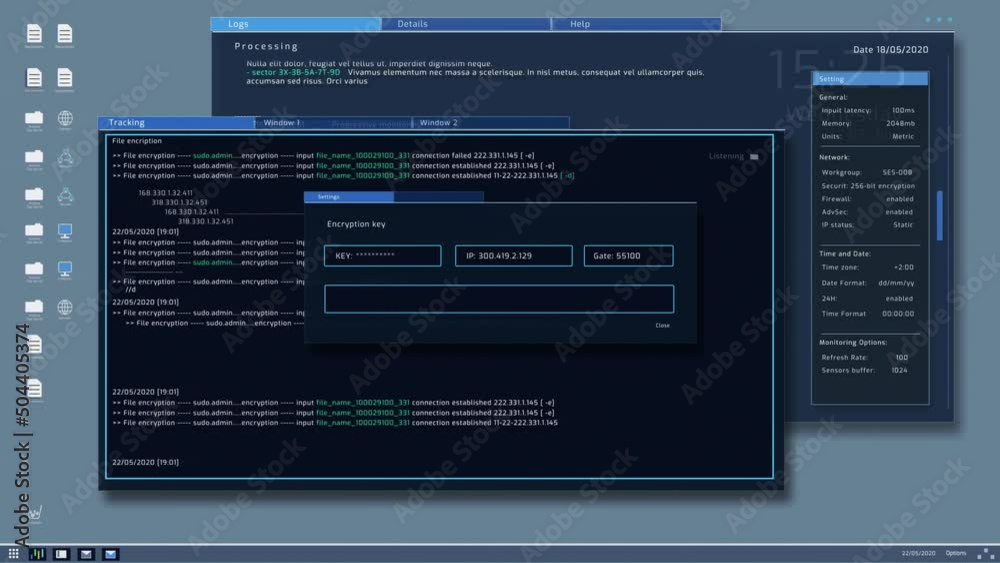 Fototapete Surveillance Mock-up with Loading Screen in a Software with Multiple Windows. High-Tech Security and Data Protection Template for Computer Displays and Laptop Screens.